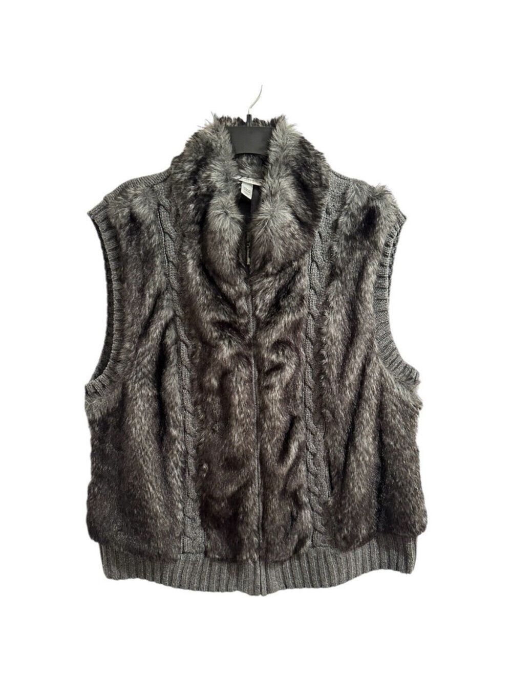 Dress Barn Faux Fur Cable Knit Vest Zip Front Women’s Sz 18 -20 Ski Heavyweight